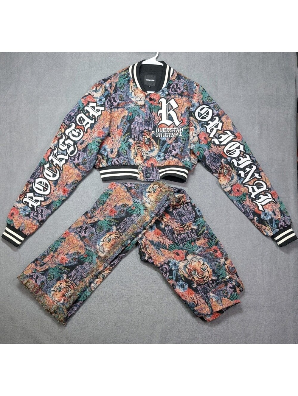 Rockstar Original Womens M Multi Tapestry Tiger Floral Varsity Jacket Cargo Sets